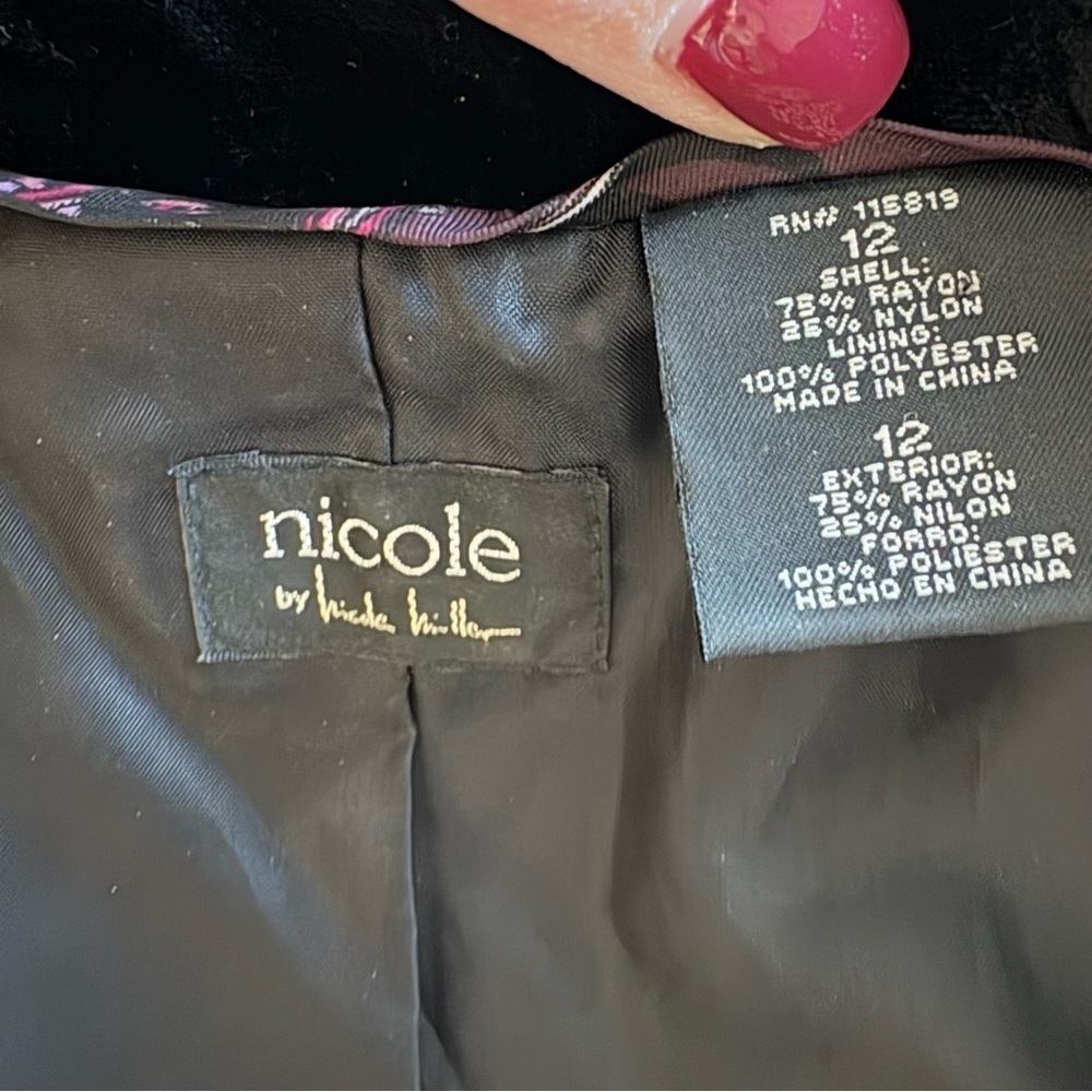Nicole by Nicole Miller Vintage 3/4 Sleeve Black Velvet 1-Button Blazer Holiday - Picture 3 of 16